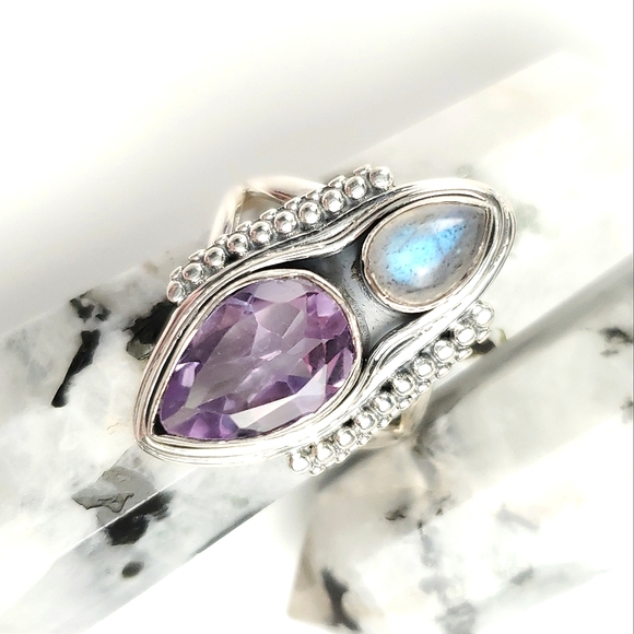 Sterling Silver Amethyst and Labradorite Double Teardrop Ring Size 8 - Picture 3 of 15